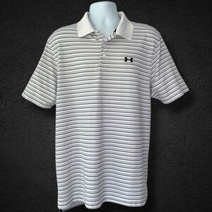 Under Armour HeatGear Men’s Polo Large White Black Stripe Golf Shirt